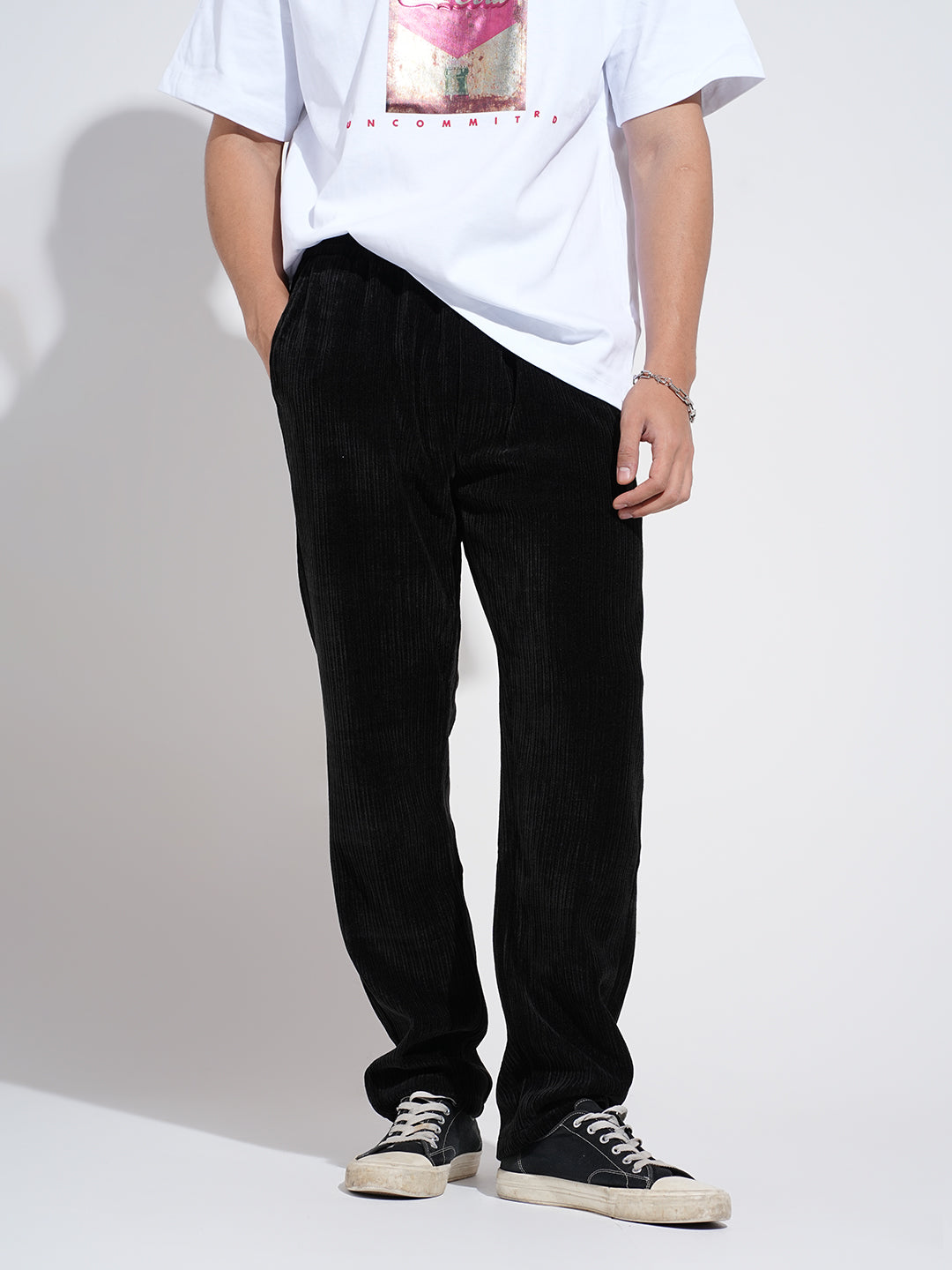 Men's Corduroy Black Regular Fit Trousers