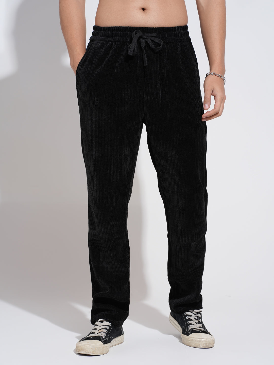 Men's Corduroy Black Regular Fit Trousers