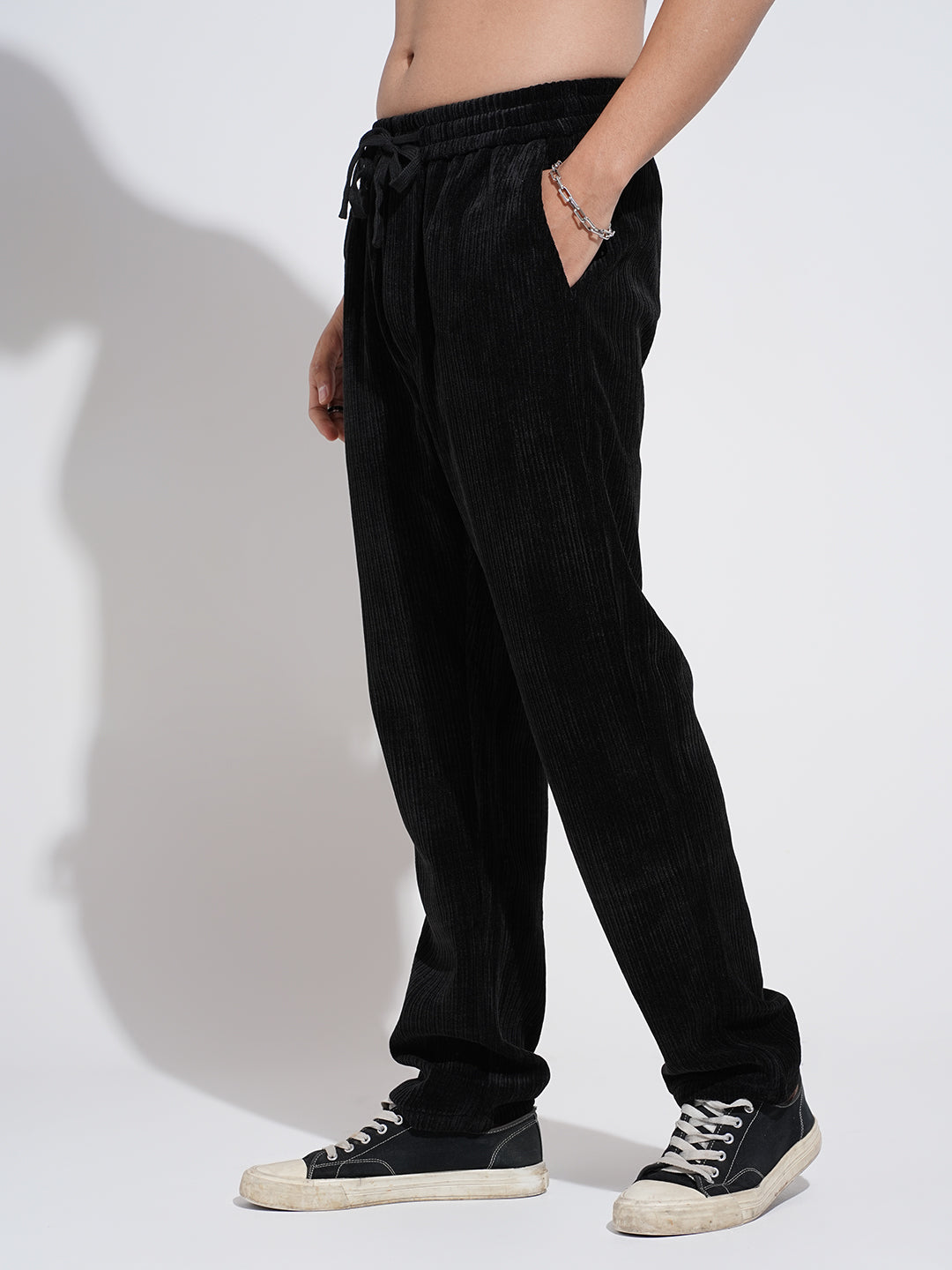 Men's Corduroy Black Regular Fit Trousers