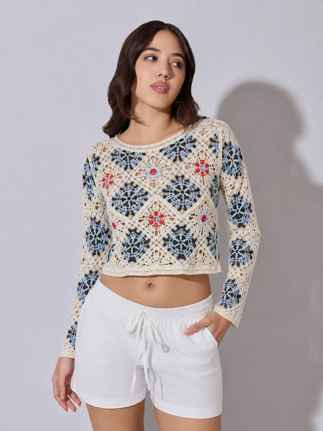 Women's Blue Ribbed Sweater Top with Flower Detail
