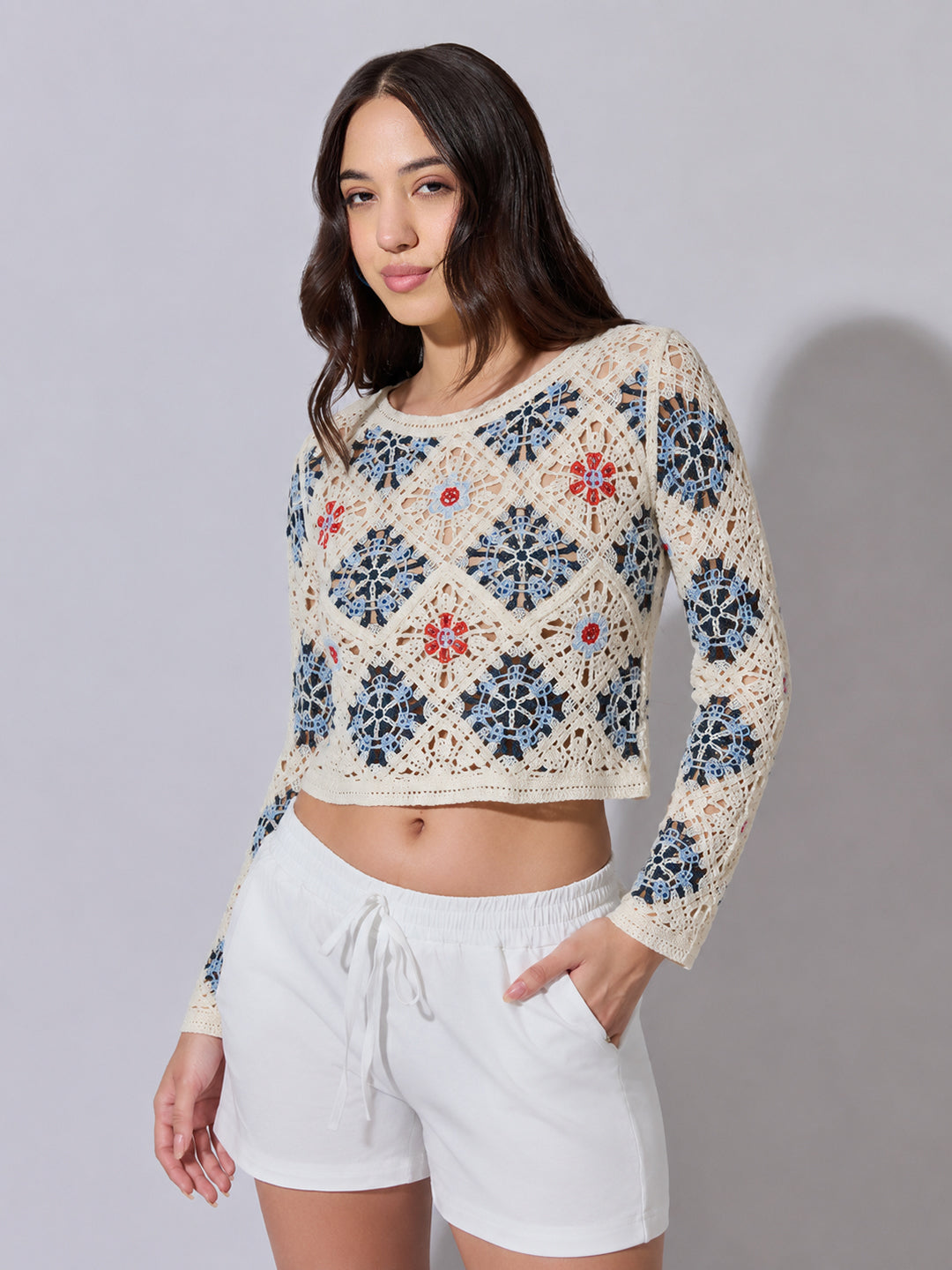 Women's Blue Ribbed Sweater Top with Flower Detail