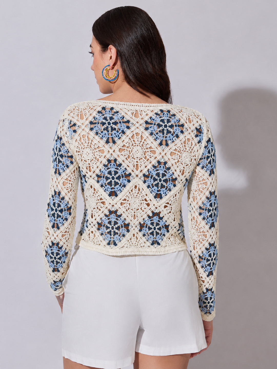 Women's Blue Ribbed Sweater Top with Flower Detail