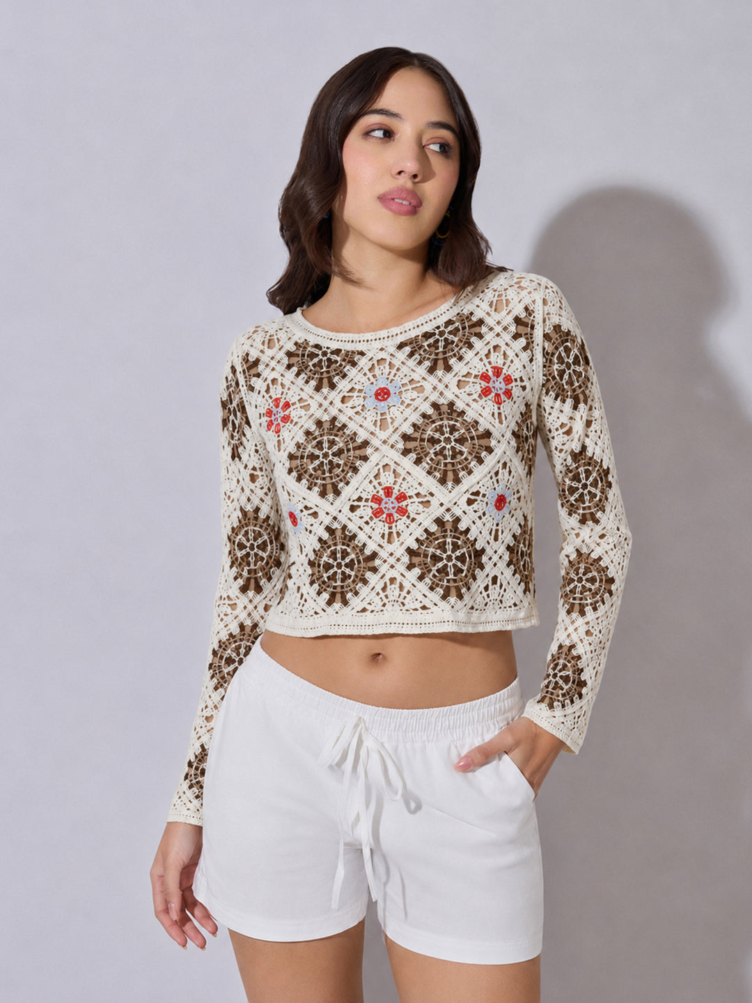Women's Brown Ribbed Sweater Top with Flower Detail
