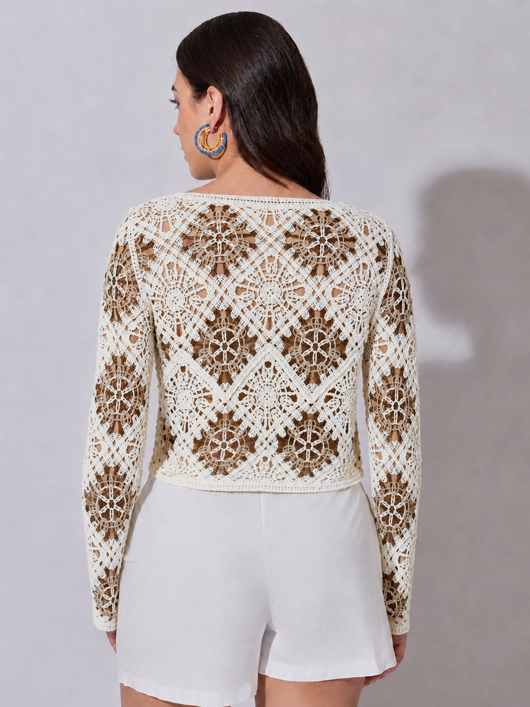 Women's Brown Ribbed Sweater Top with Flower Detail