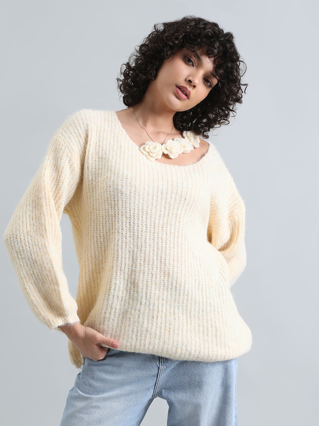 Women's Cream Ribbed Sweater Top with Flower Detail