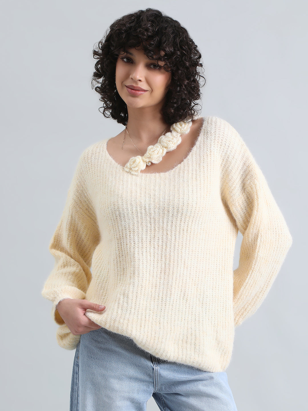 Women's Cream Ribbed Sweater Top with Flower Detail