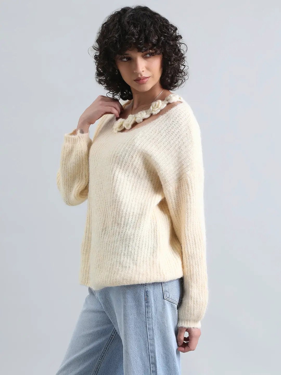 Women's Cream Ribbed Sweater Top with Flower Detail - from SHOWOFFFF