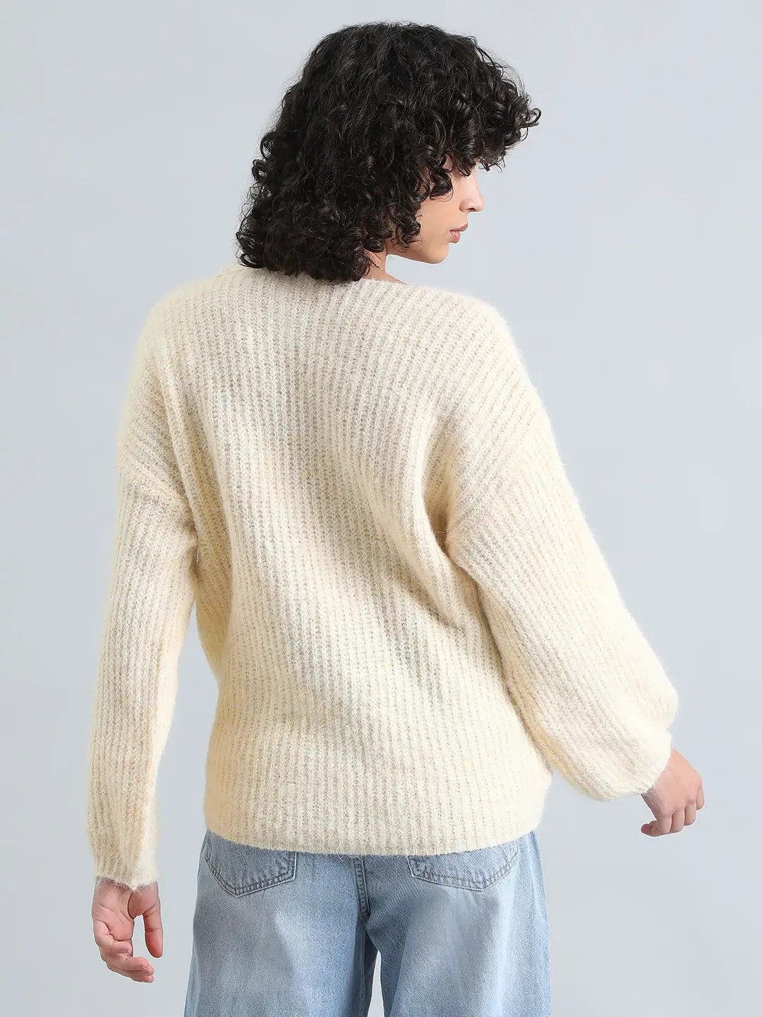 Women's Cream Ribbed Sweater Top with Flower Detail - from SHOWOFFFF