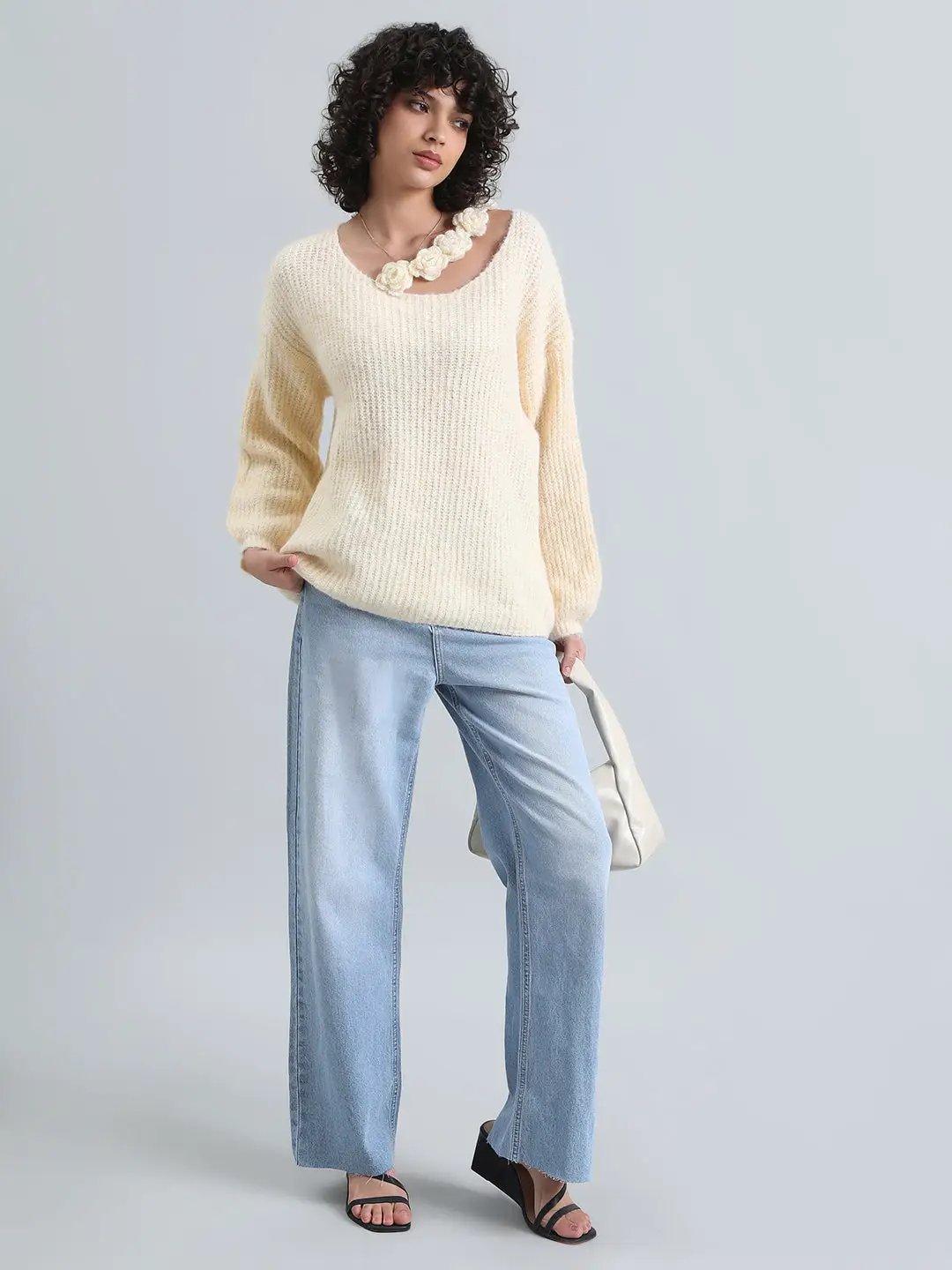 Women's Cream Ribbed Sweater Top with Flower Detail - from SHOWOFFFF