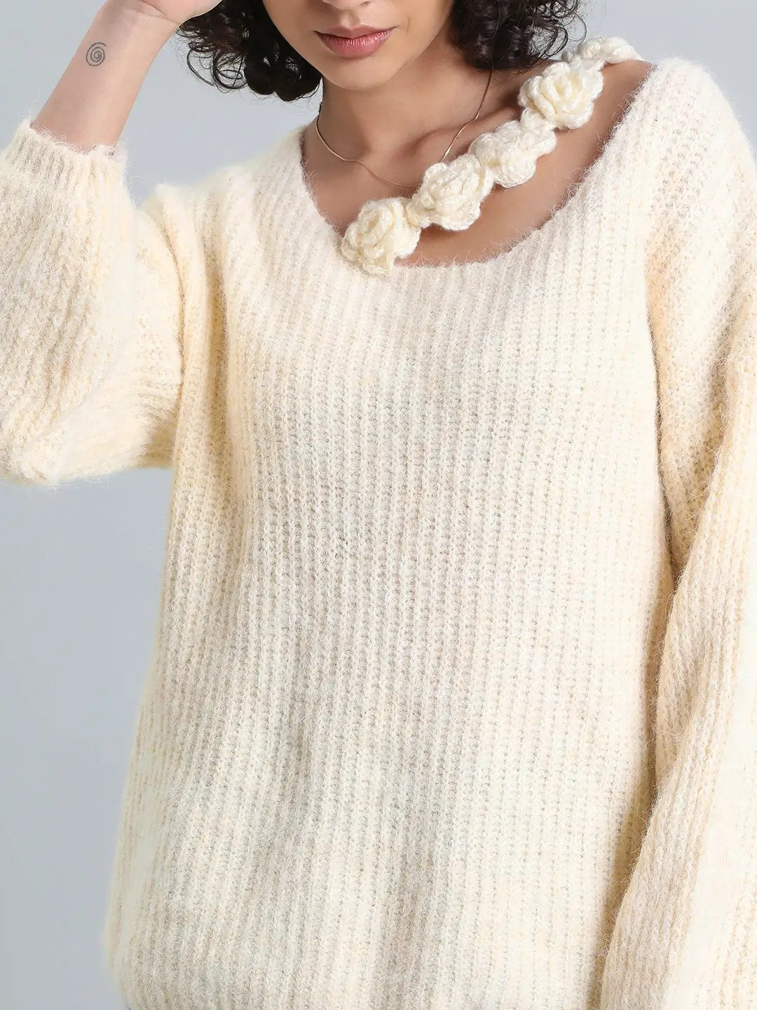 Women's Cream Ribbed Sweater Top with Flower Detail - from SHOWOFFFF