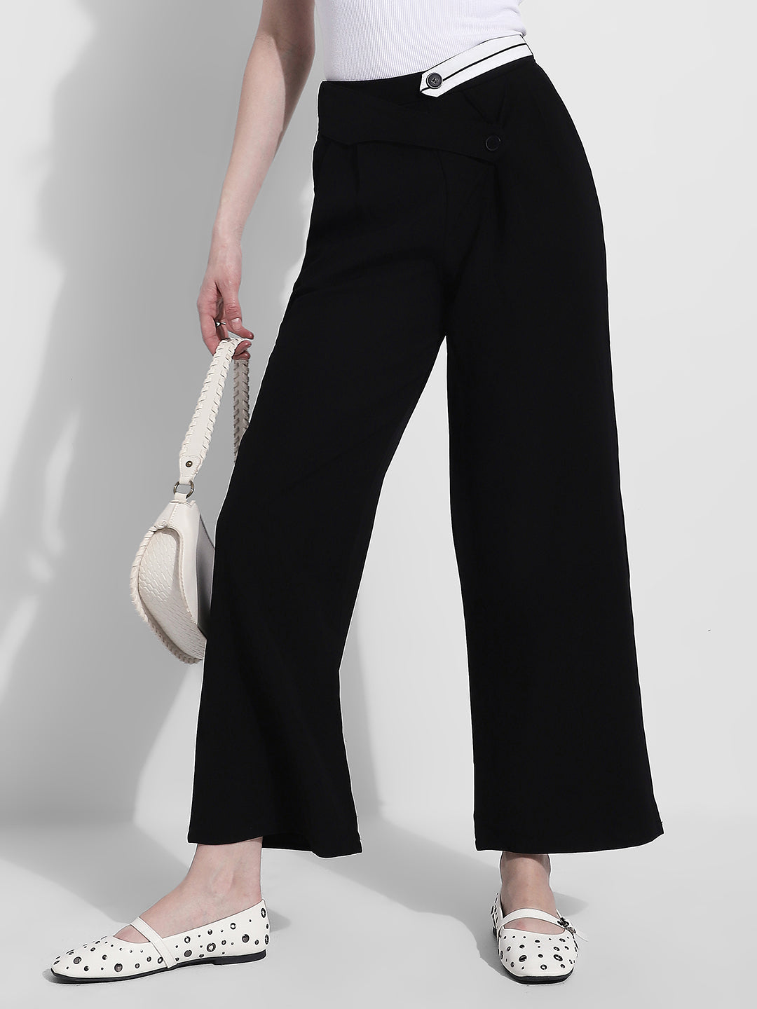 Women's Black Pleated Trousers with Contrast Button Waistband