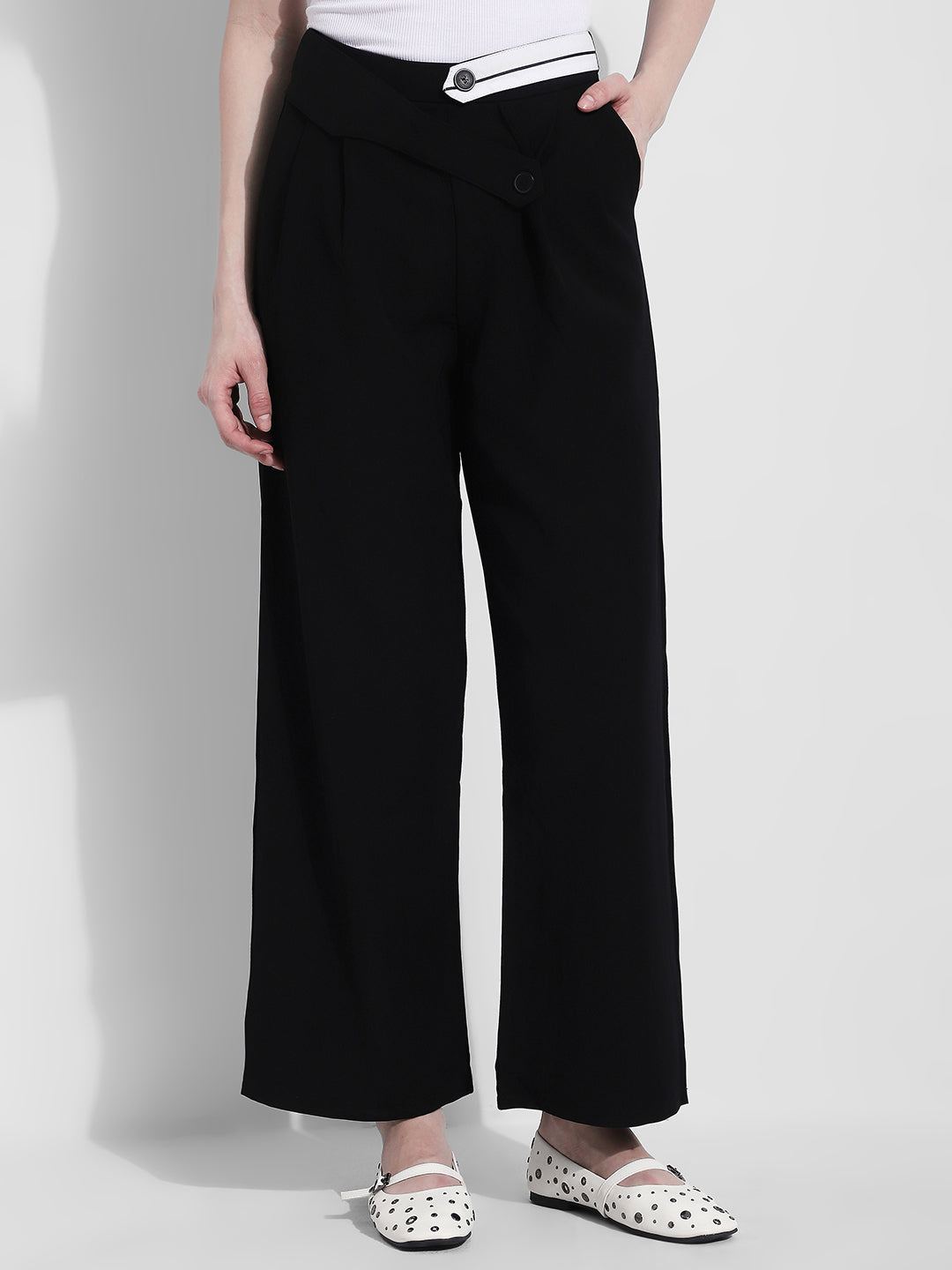 Women's Black Pleated Trousers with Contrast Button Waistband