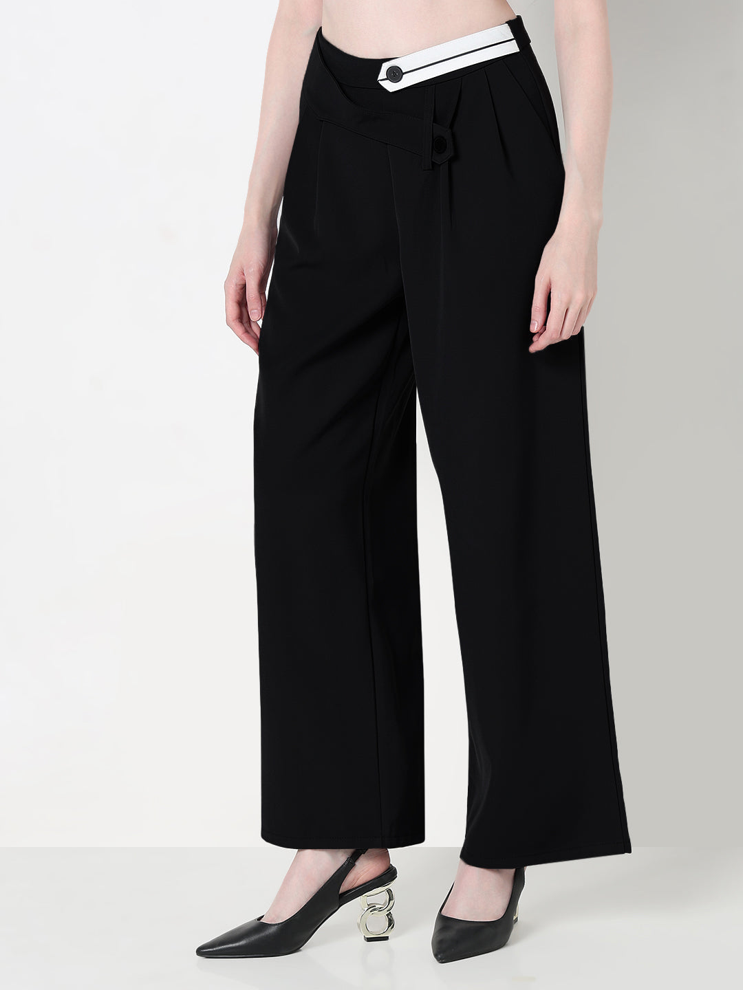 Women's Black Pleated Trousers with Contrast Button Waistband