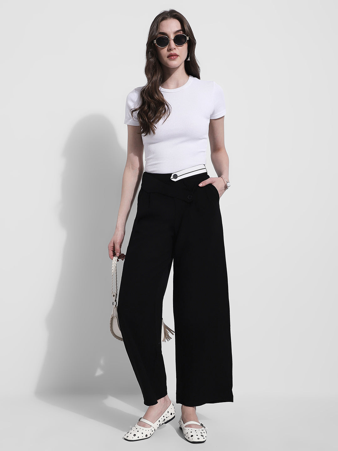 Women's Black Pleated Trousers with Contrast Button Waistband