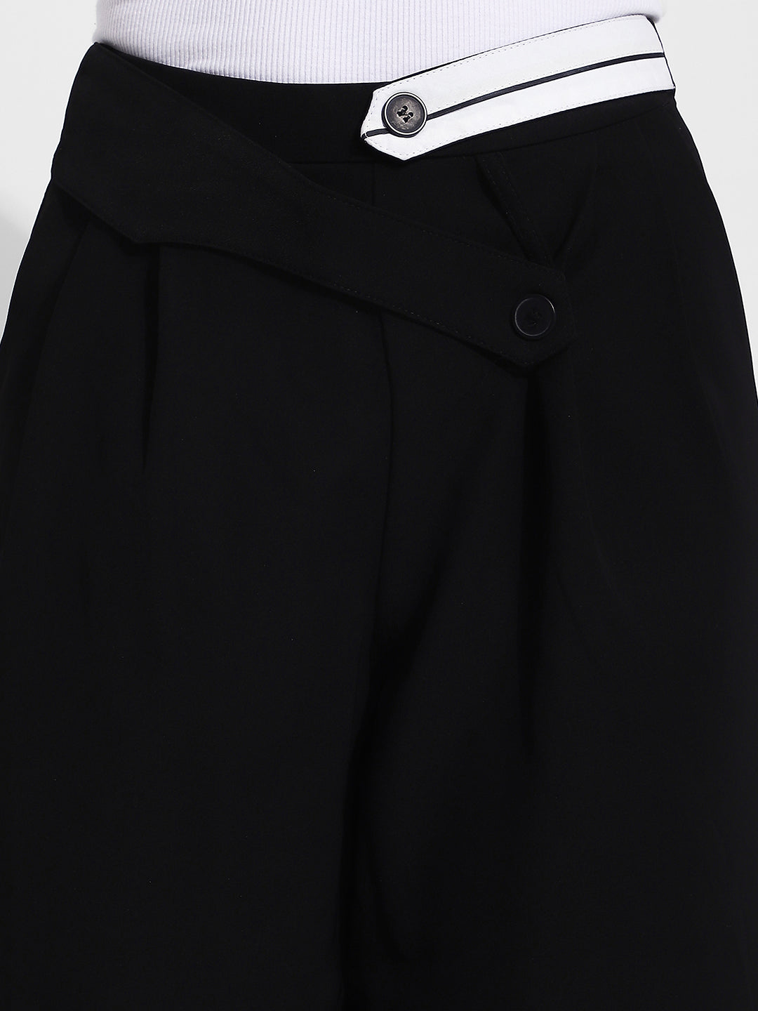 Women's Black Pleated Trousers with Contrast Button Waistband
