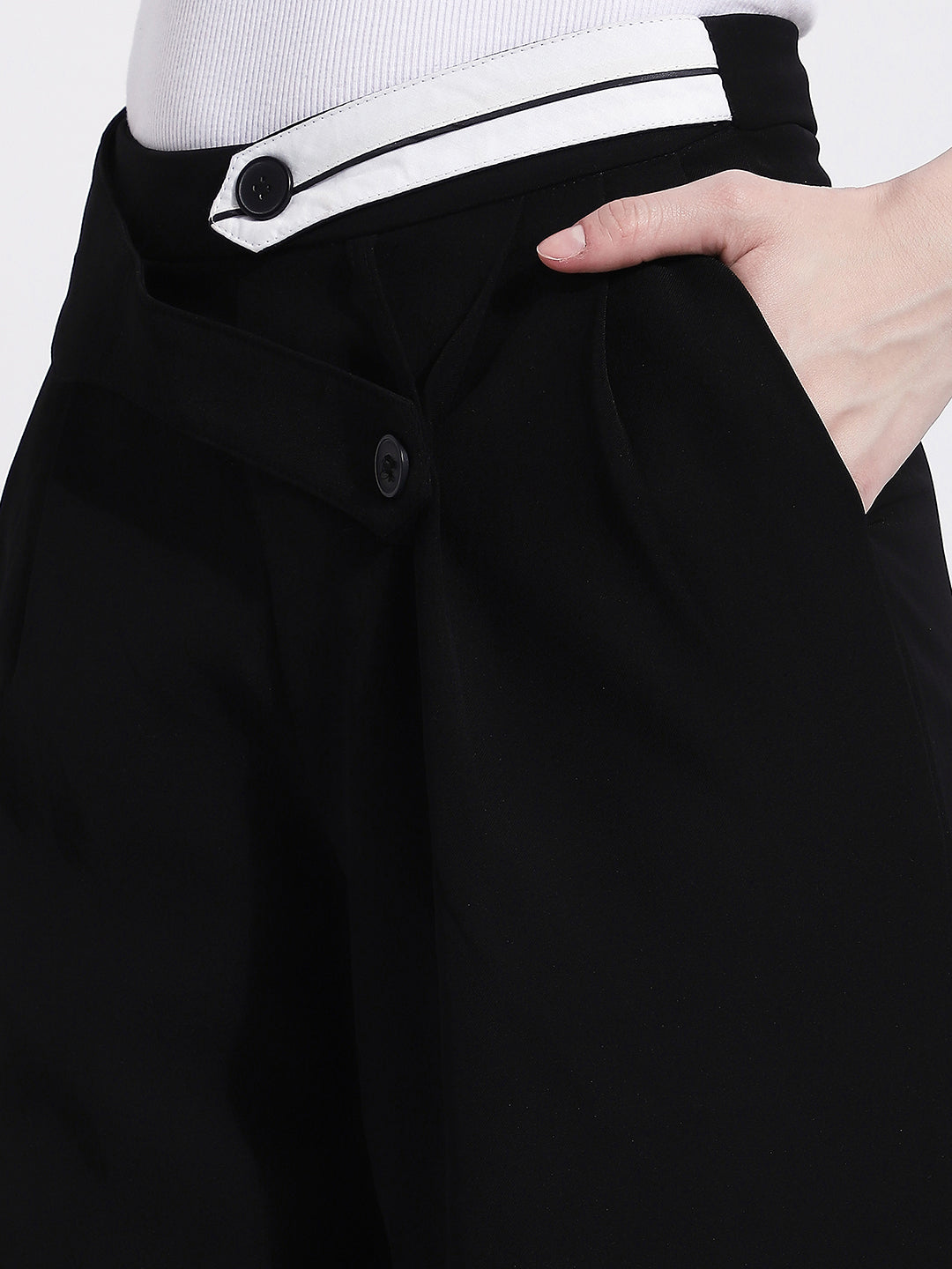 Women's Black Pleated Trousers with Contrast Button Waistband
