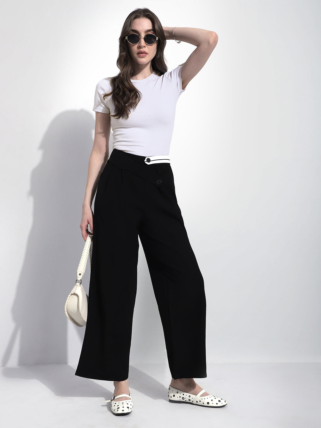 Women's Black Pleated Trousers with Contrast Button Waistband