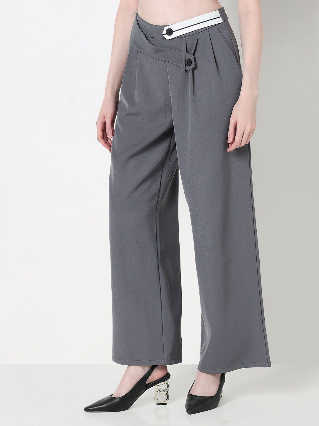 Women's Grey Pleated Trousers with Contrast Button Waistband