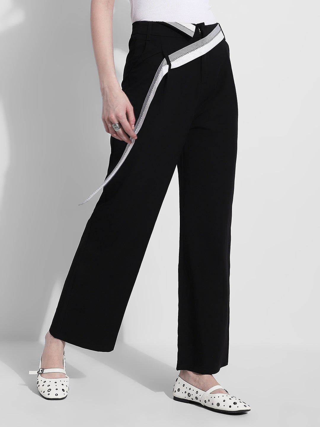 Women's Black Pleated Korean Trousers with Contrast Belt Detail