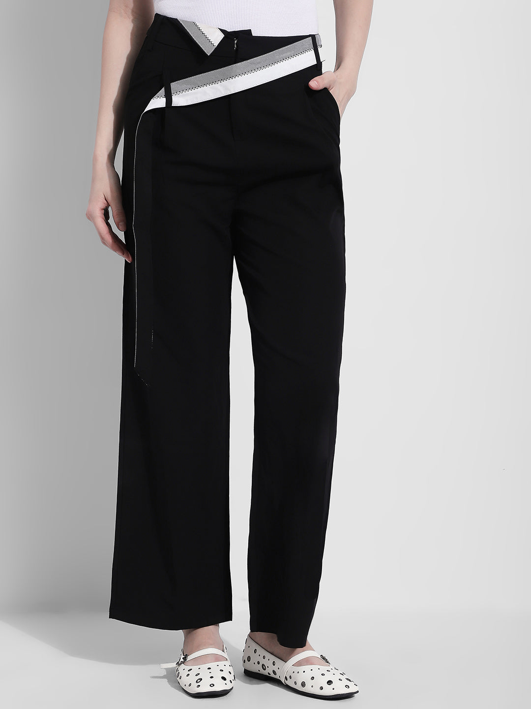 Women's Black Pleated Korean Trousers with Contrast Belt Detail