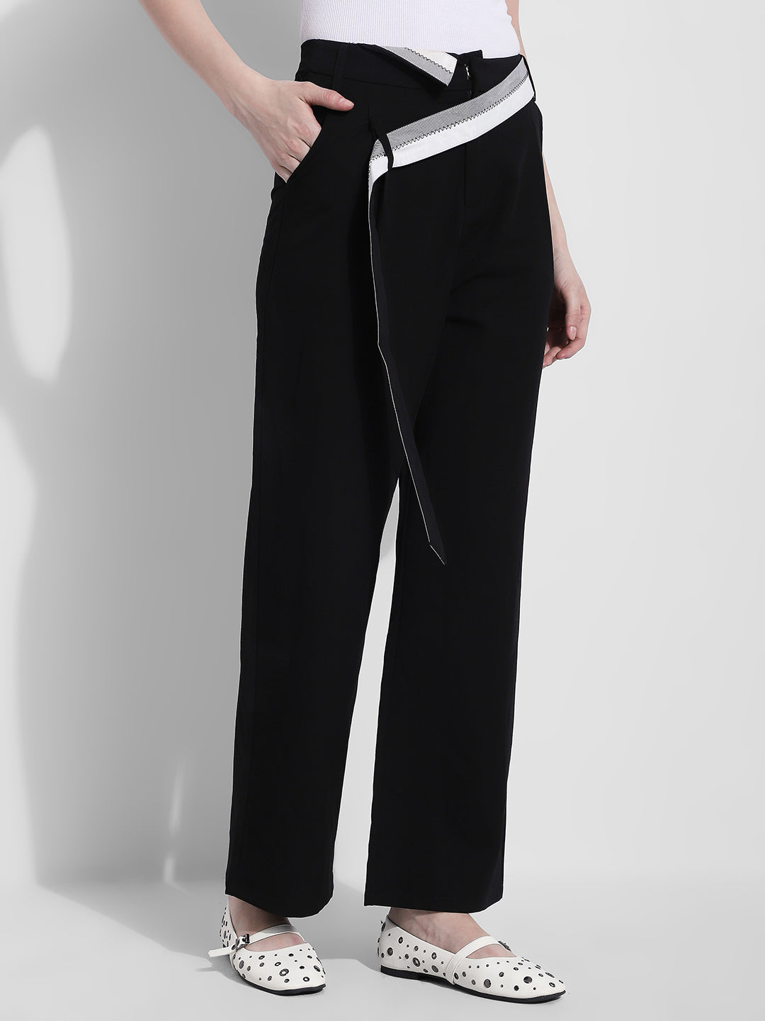 Women's Black Pleated Korean Trousers with Contrast Belt Detail
