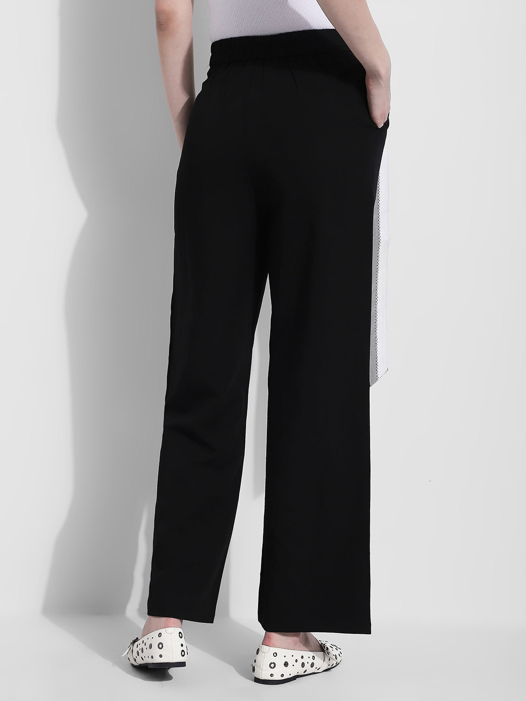 Women's Black Pleated Korean Trousers with Contrast Belt Detail