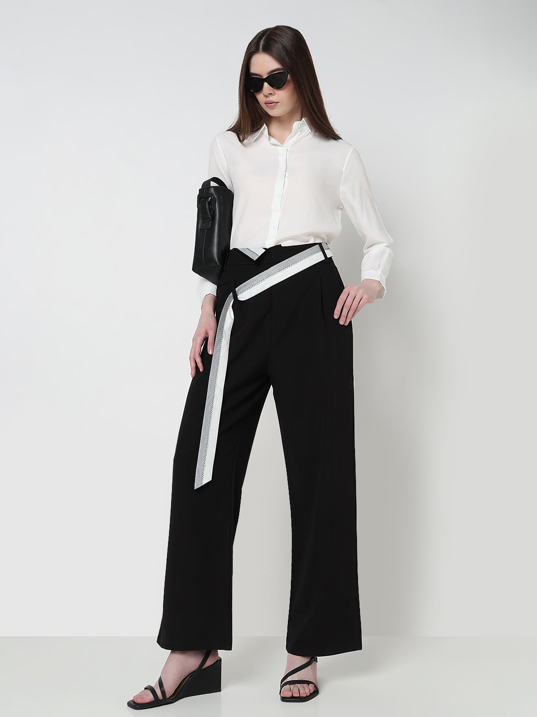 Women's Black Pleated Korean Trousers with Contrast Belt Detail