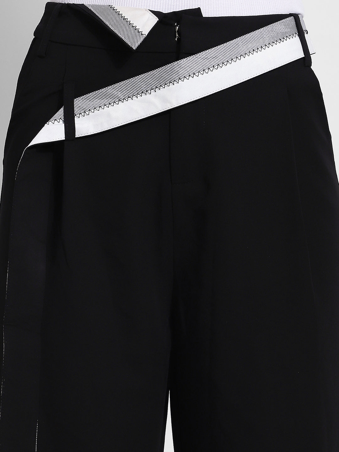Women's Black Pleated Korean Trousers with Contrast Belt Detail