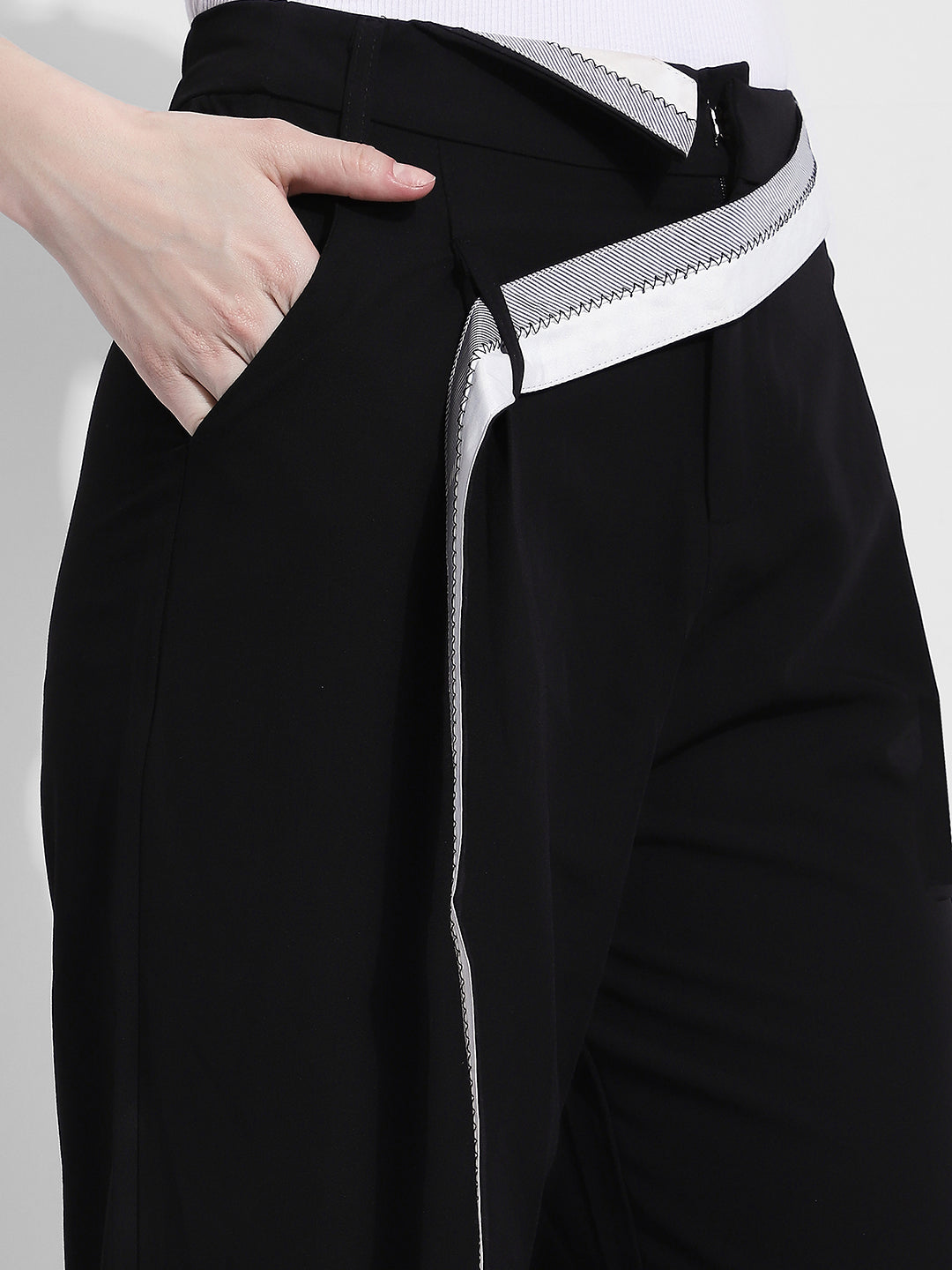 Women's Black Pleated Korean Trousers with Contrast Belt Detail