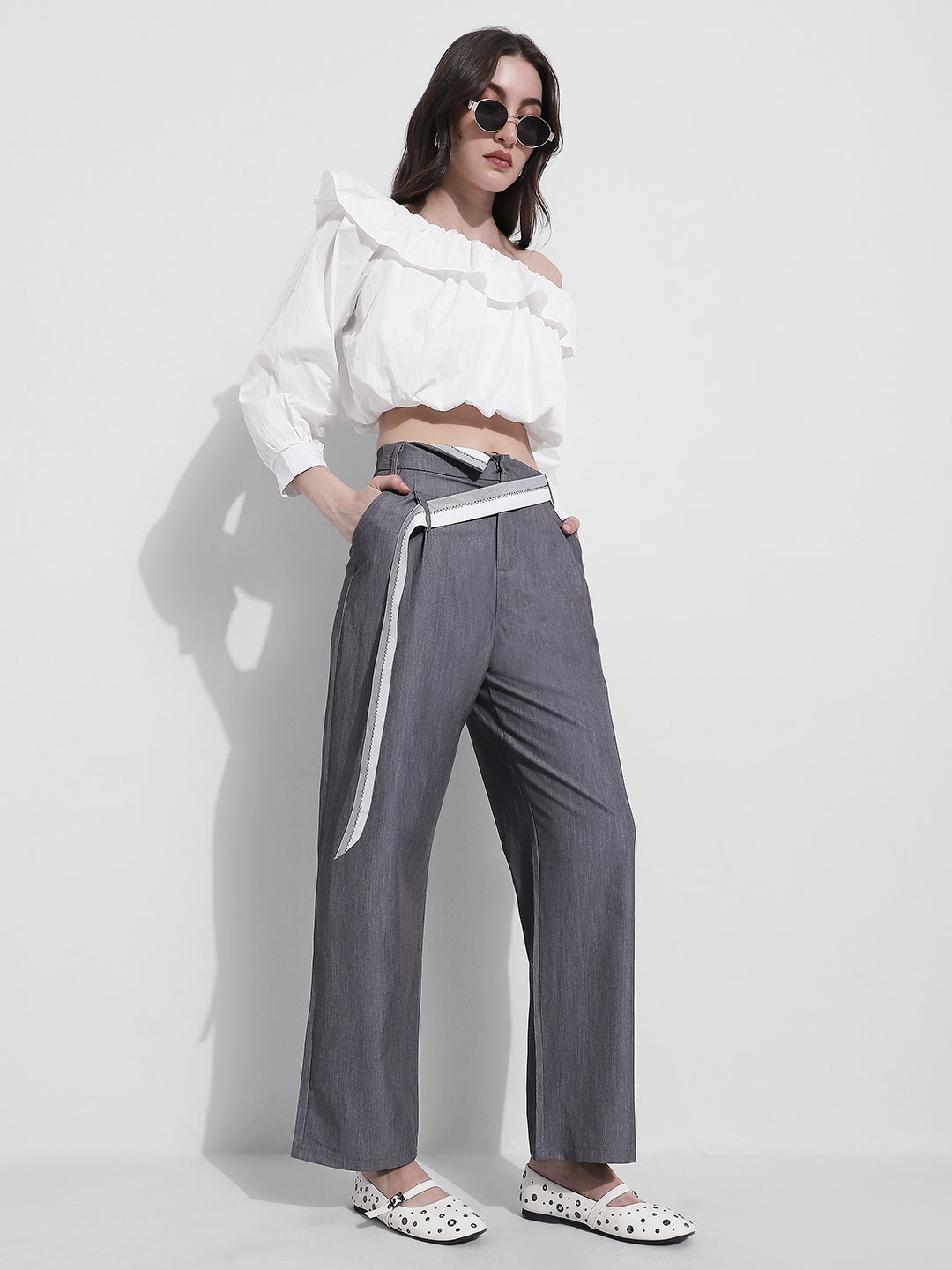 Women's Grey Pleated Korean Trousers with Contrast Belt Detail