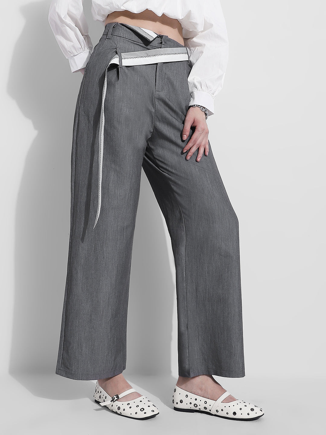 Women's Grey Pleated Korean Trousers with Contrast Belt Detail
