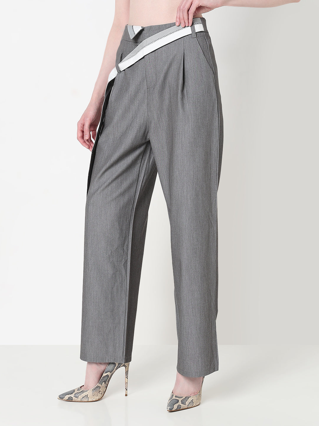 Women's Grey Pleated Korean Trousers with Contrast Belt Detail