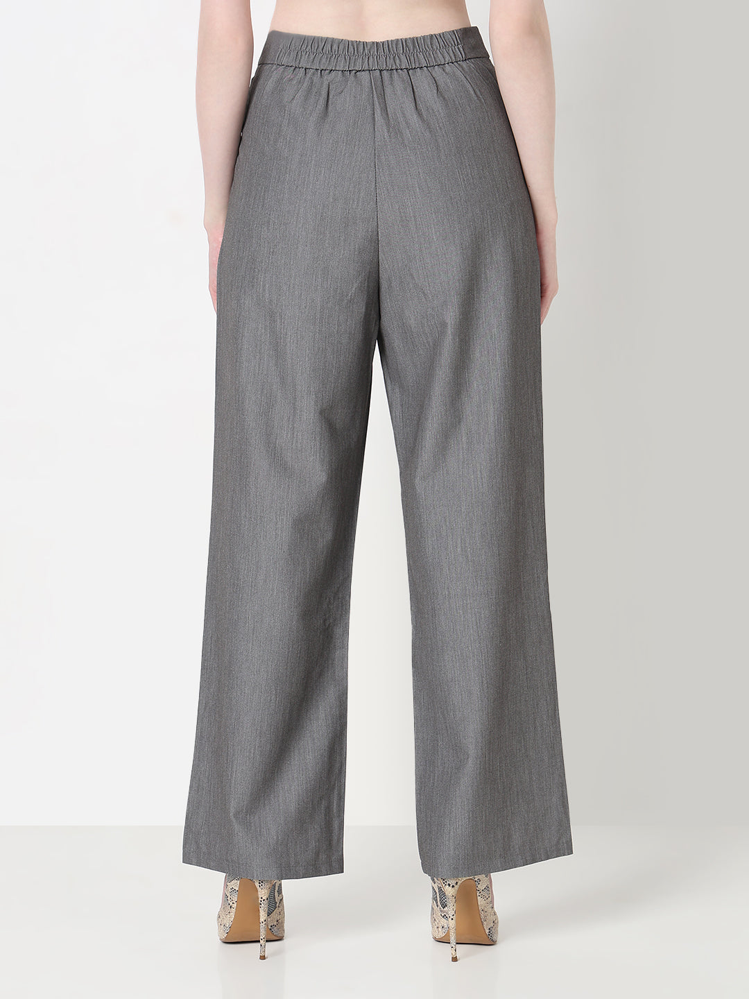 Women's Grey Pleated Korean Trousers with Contrast Belt Detail