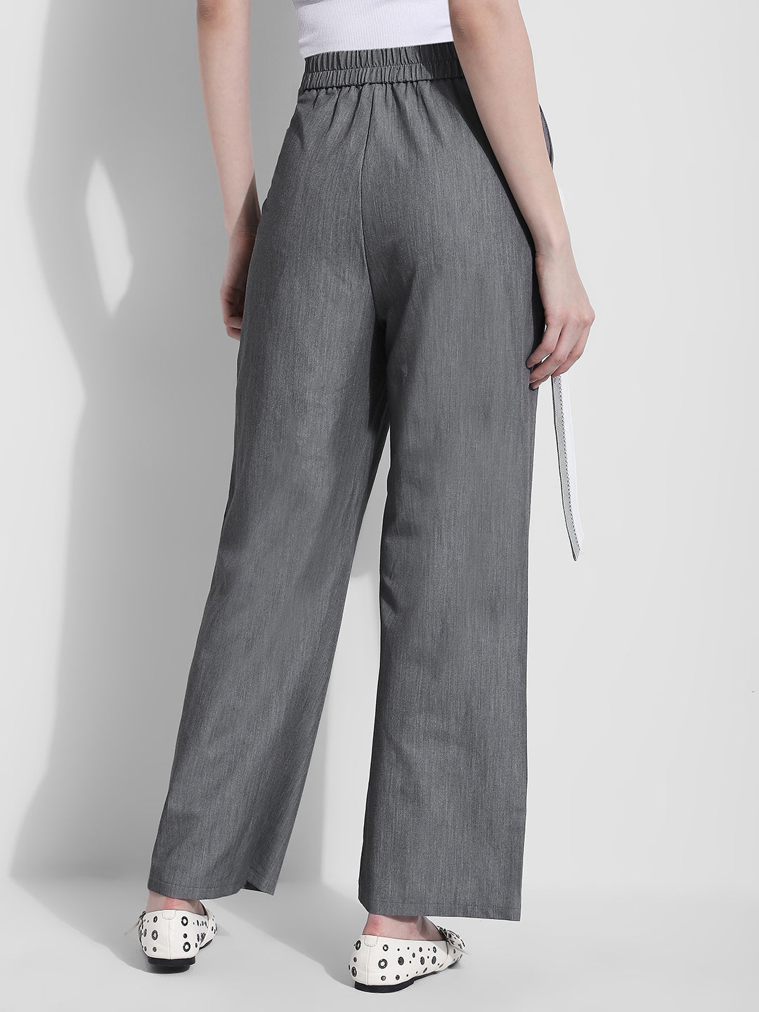 Women's Grey Pleated Korean Trousers with Contrast Belt Detail