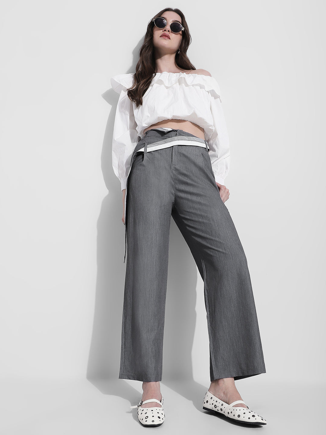 Women's Grey Pleated Korean Trousers with Contrast Belt Detail