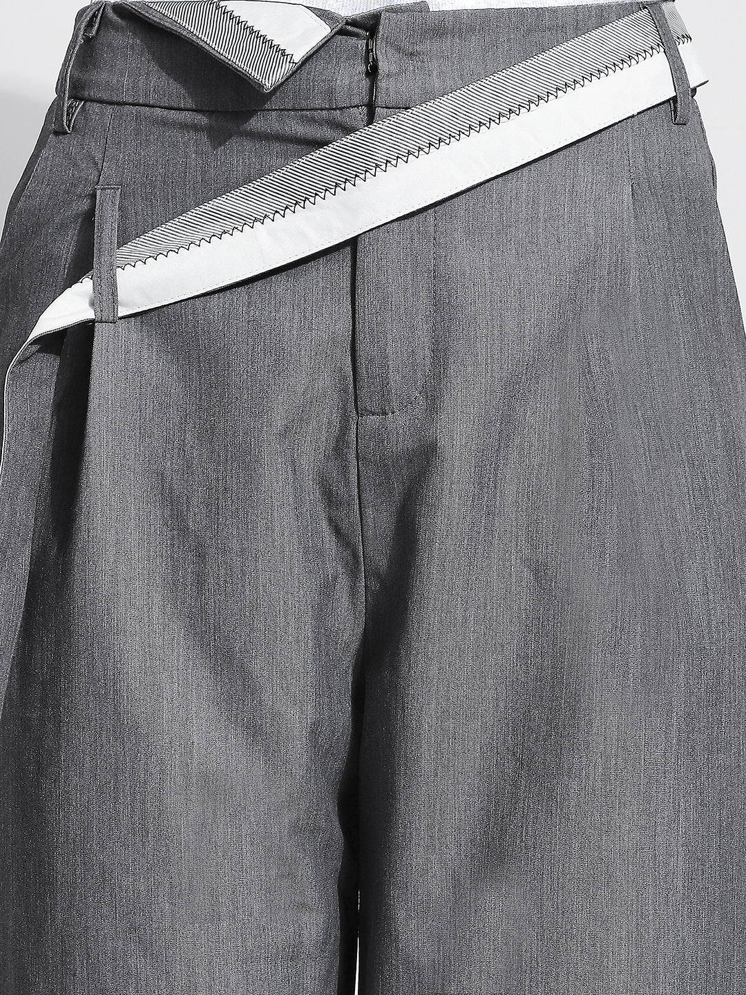 Women's Grey Pleated Korean Trousers with Contrast Belt Detail