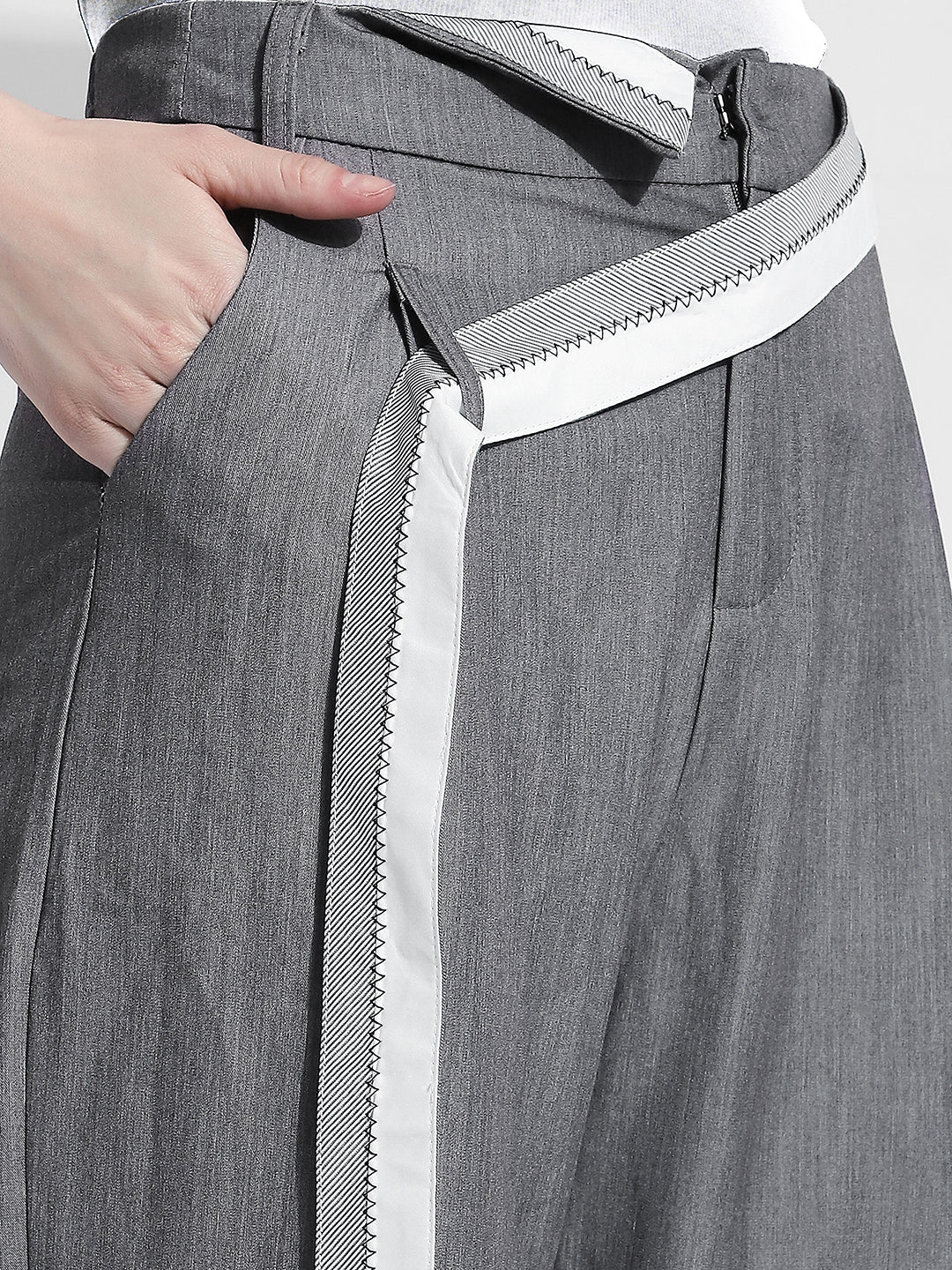 Women's Grey Pleated Korean Trousers with Contrast Belt Detail