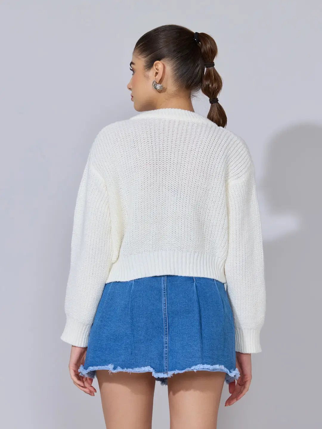Women's Cream Knit Zip-Up Top