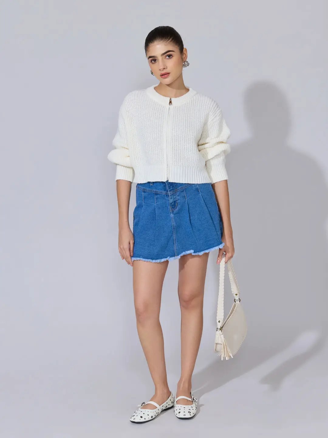 Women's Cream Knit Zip-Up Top
