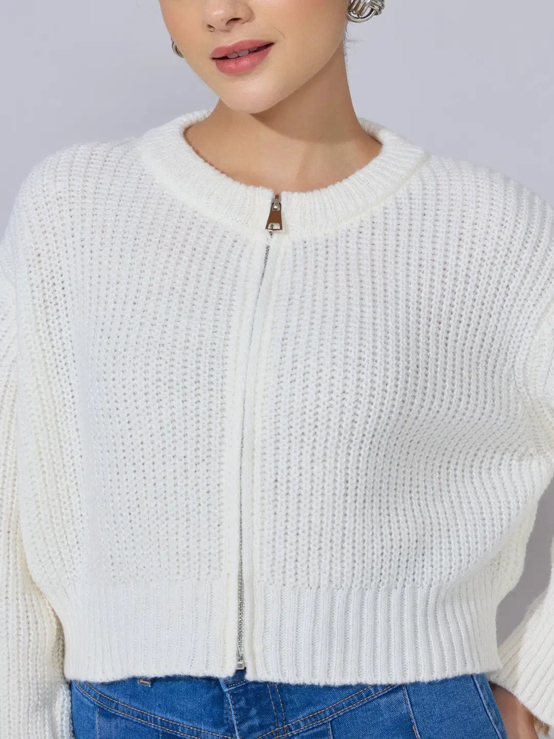 Women's Cream Knit Zip-Up Top