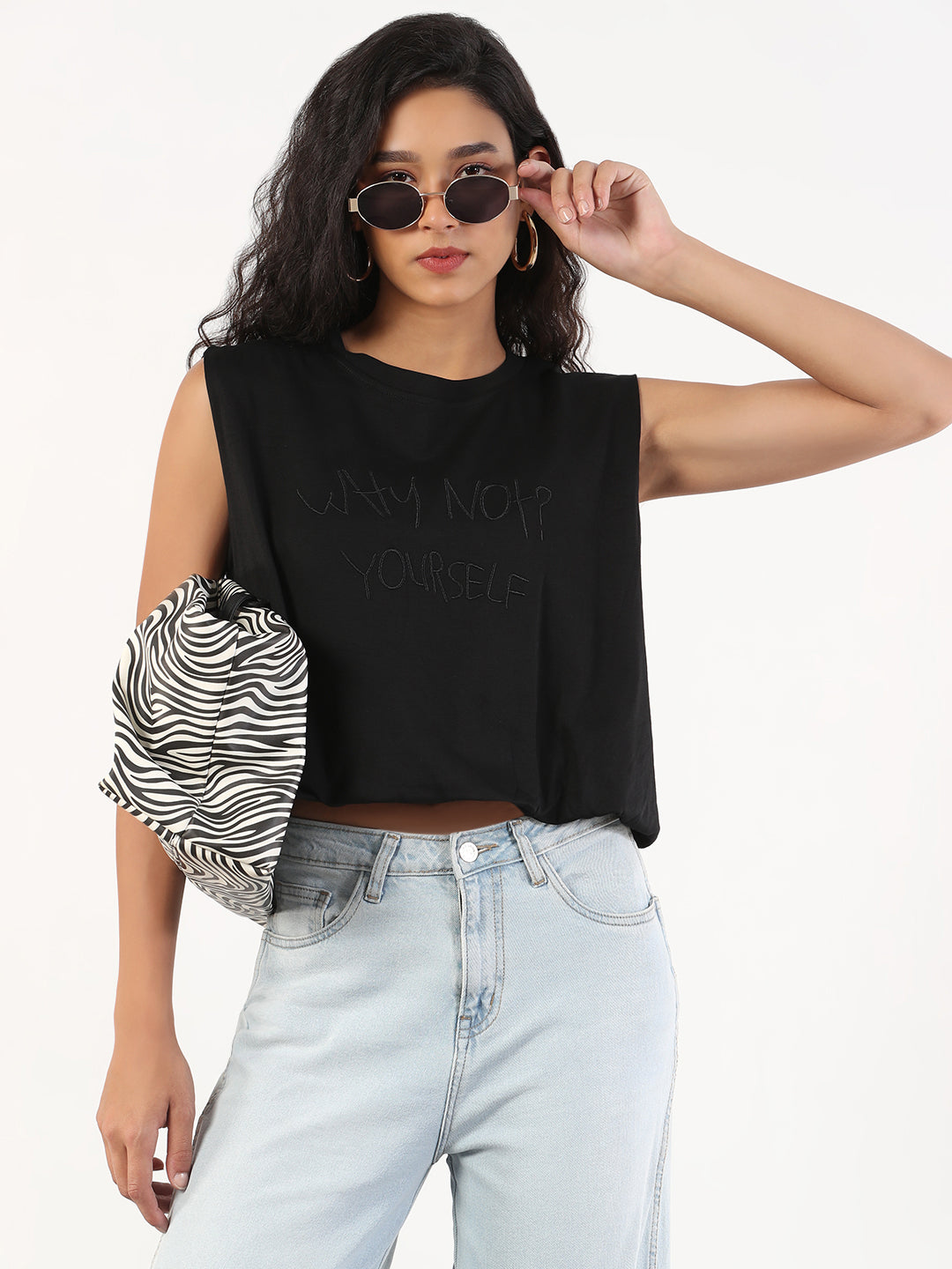 Women Solid Round Neck Black Blouson Crop Top