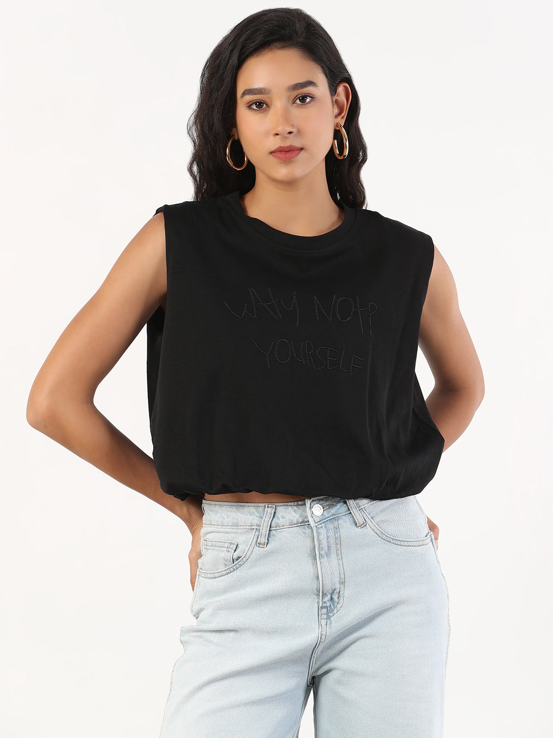 Women Solid Round Neck Black Blouson Crop Top