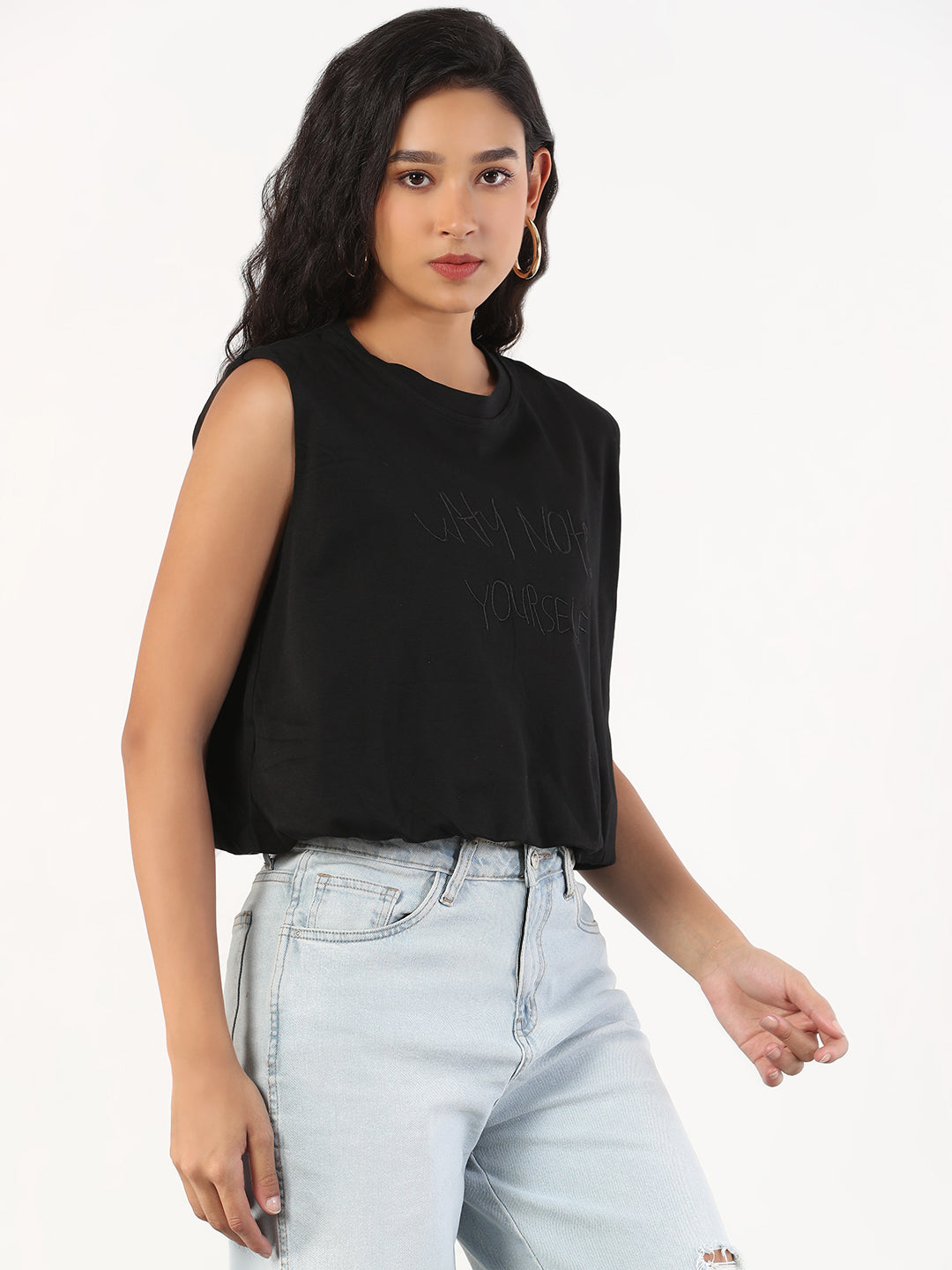 Women Solid Round Neck Black Blouson Crop Top