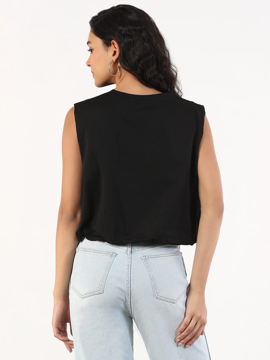 Women Solid Round Neck Black Blouson Crop Top