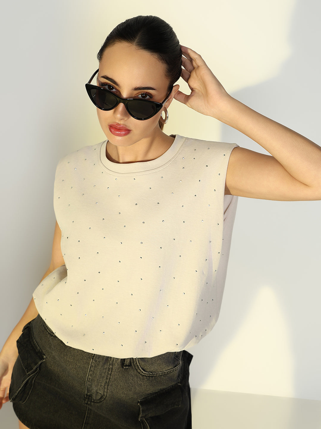 Women Solid Cream Blouson Top