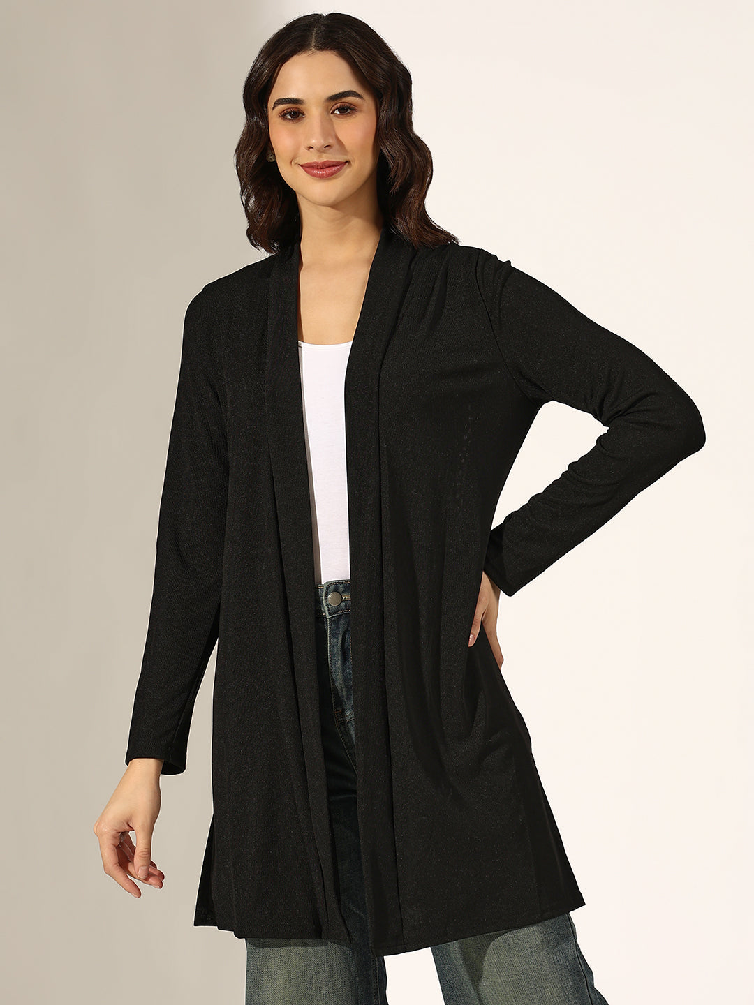 Women's Black Longline Open Front Shrug