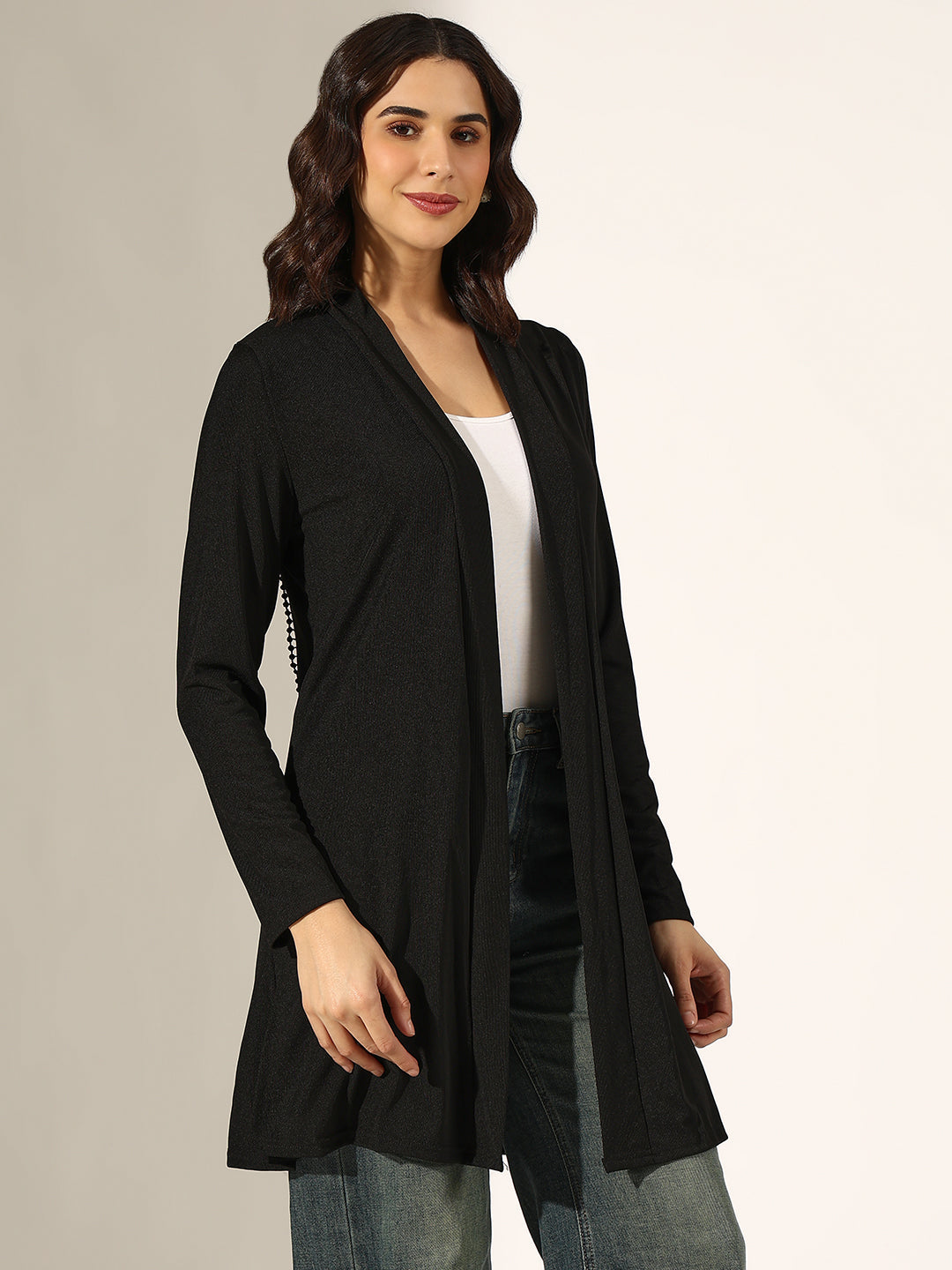 Women's Black Longline Open Front Shrug