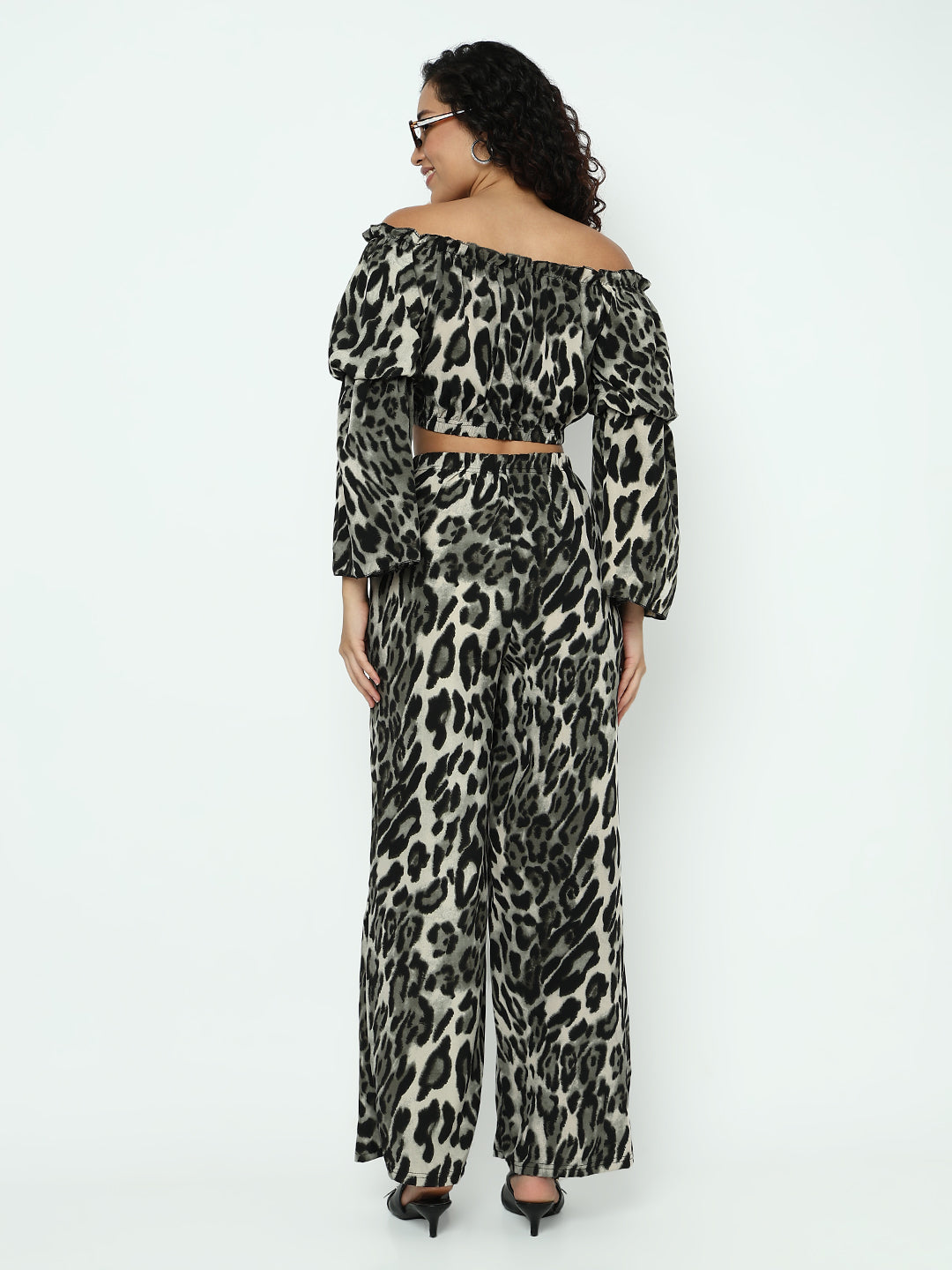 Women's Animal Print Grey Off-Shoulder Top with Trouser Co-ord Set