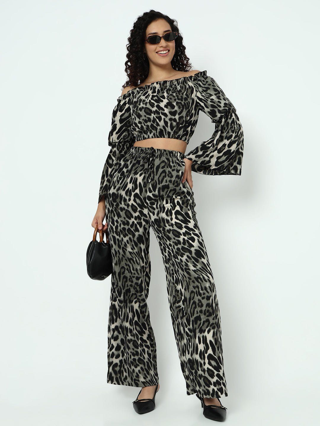 Women's Animal Print Grey Off-Shoulder Top with Trouser Co-ord Set
