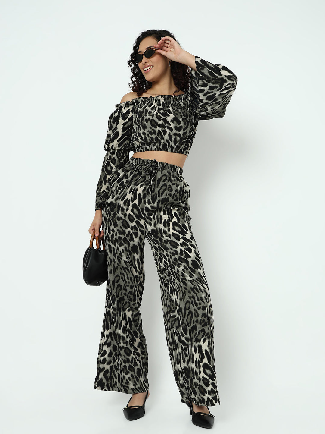 Women's Animal Print Grey Off-Shoulder Top with Trouser Co-ord Set